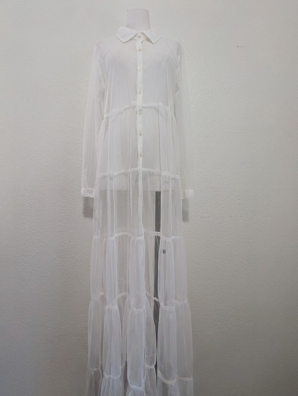 Vintage Spoon Jeans White Sheer Tiered Button-Down Maxi Dress 2XL